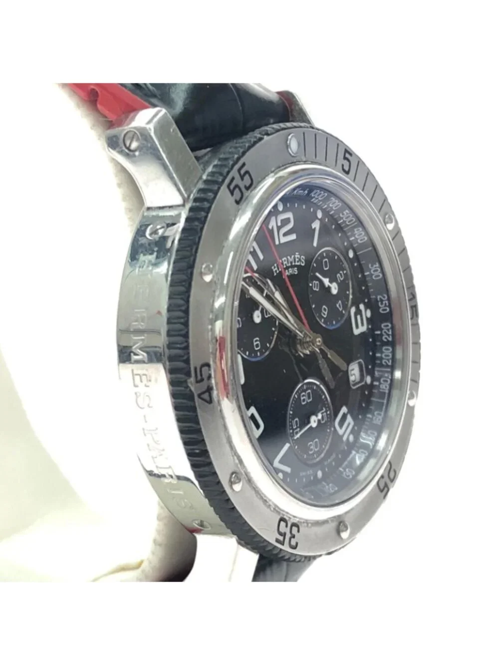 Hermes Watch Quartz Clipper Chrono Diver Black Dial Date Strap Original Included